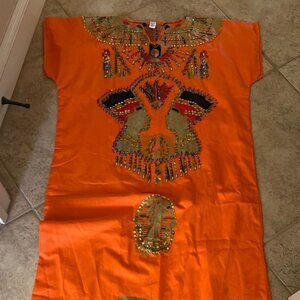 EGYPTIAN bright orange maxi kaftan dress sequins Camels Pharaoh Women L